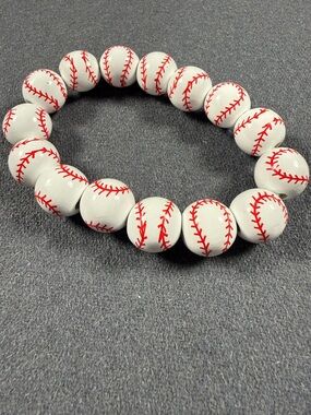 Baseball Beaded White with Red Stitch Acrylic Stretch Sports Bracelet